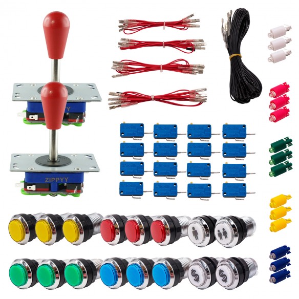 Kit Arcade 2 Joueurs Lumineux Boutons Chromés Joysticks Zippyy Tiges Longues Poires Câble Gpio