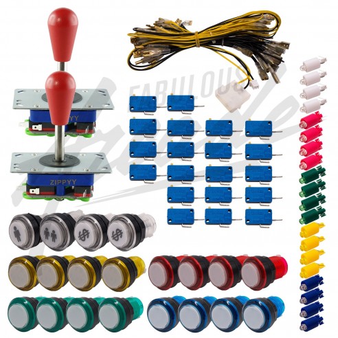 Kit Arcade 2 Joueurs Lumineux Boutons Coeurs Blancs Joysticks Zippyy Tiges Longues Poires Nu