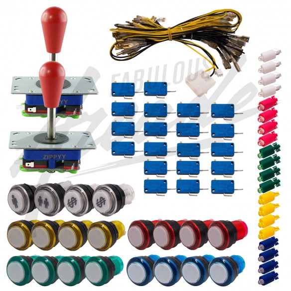 Kit Arcade 2 Joueurs Lumineux Boutons Coeurs Blancs Joysticks Zippyy Tiges Longues Poires Nu