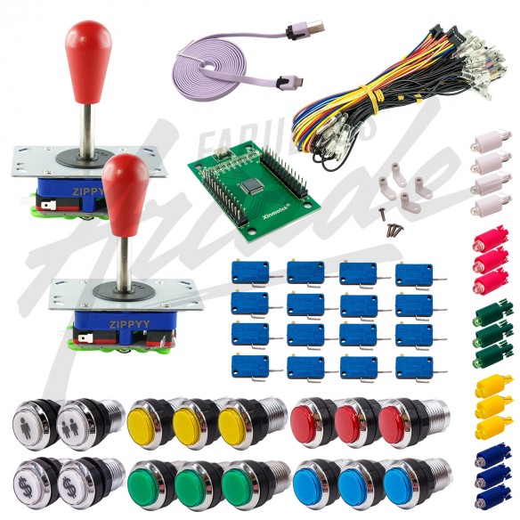 Kit Arcade 2 Joueurs Lumineux Boutons Chromés Joysticks Zippyy Tige Longue Poire Carte XinMoTek