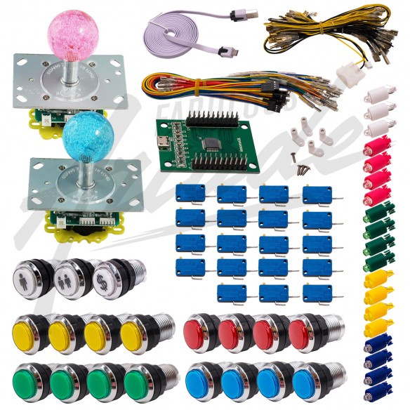 Kit Arcade 2 Joueurs Lumineux Boutons Chromés Joysticks Lumineux Boules Carte XinMoTek
