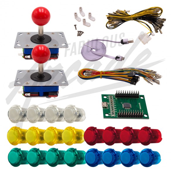 Kit Arcade 2 Joueurs Lumineux Boutons Clipsables Transparents Lumineux Joysticks Zippyy Tiges Courtes Boules Carte XinMoTek