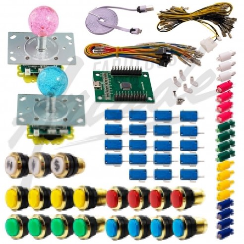 Kit Arcade 2 Joueurs Lumineux Boutons Dorés Joysticks Lumineux Boules Carte XinMoTek