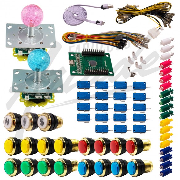 Kit Arcade 2 Joueurs Lumineux Boutons Dorés Joysticks Lumineux Boules Carte XinMoTek