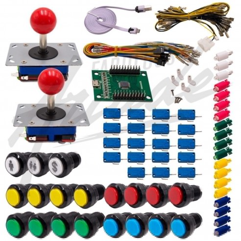 Kit Arcade 2 Joueurs Lumineux Boutons Noirs 2 Joysticks Zippyy Tiges Courtes Boules Carte XinMoTek