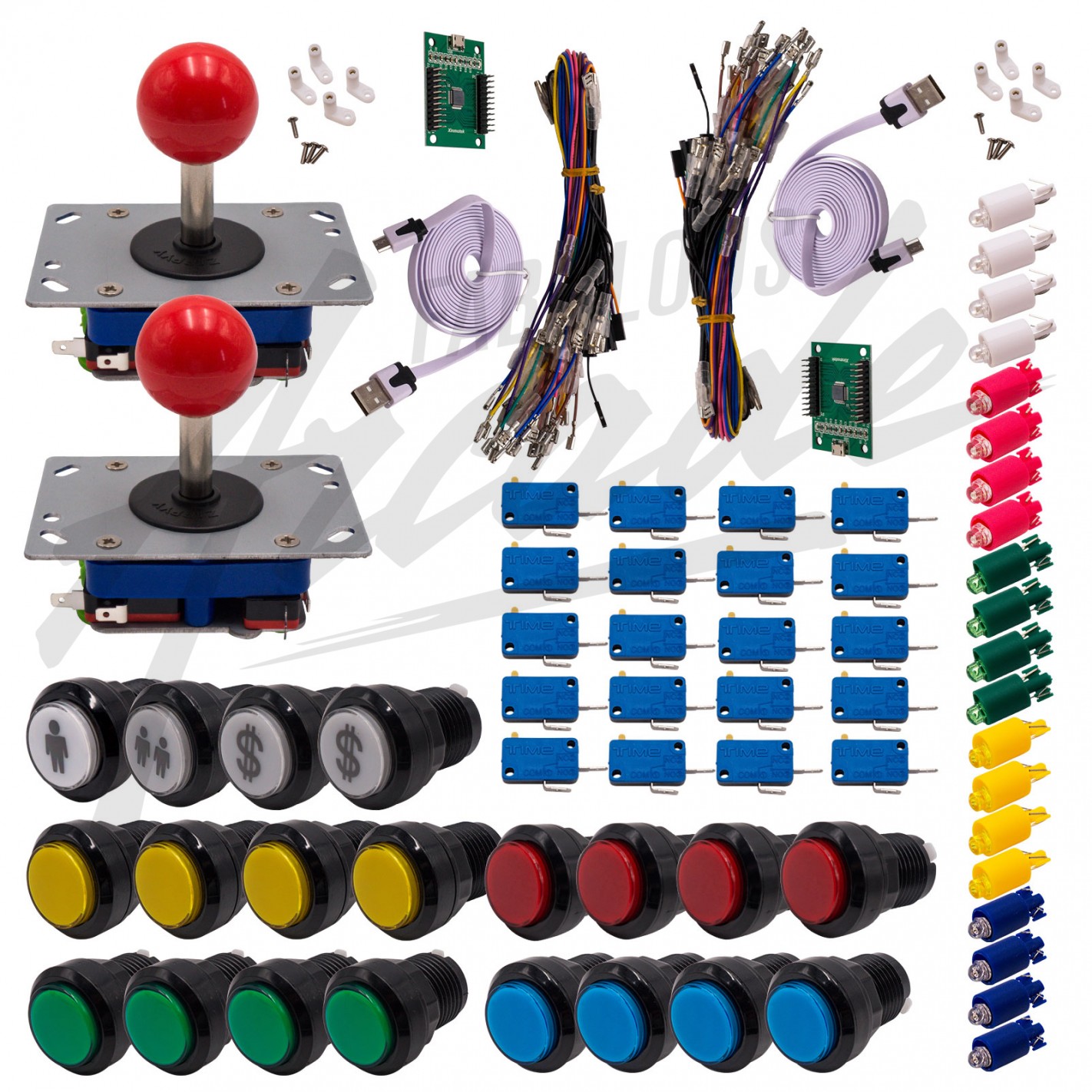Kit Arcade Complet 2 Joueurs – Joysticks Zippyy Tiges Courtes, Boutons Bicolores Blancs Et Carte XinMoTek – Rétrogaming