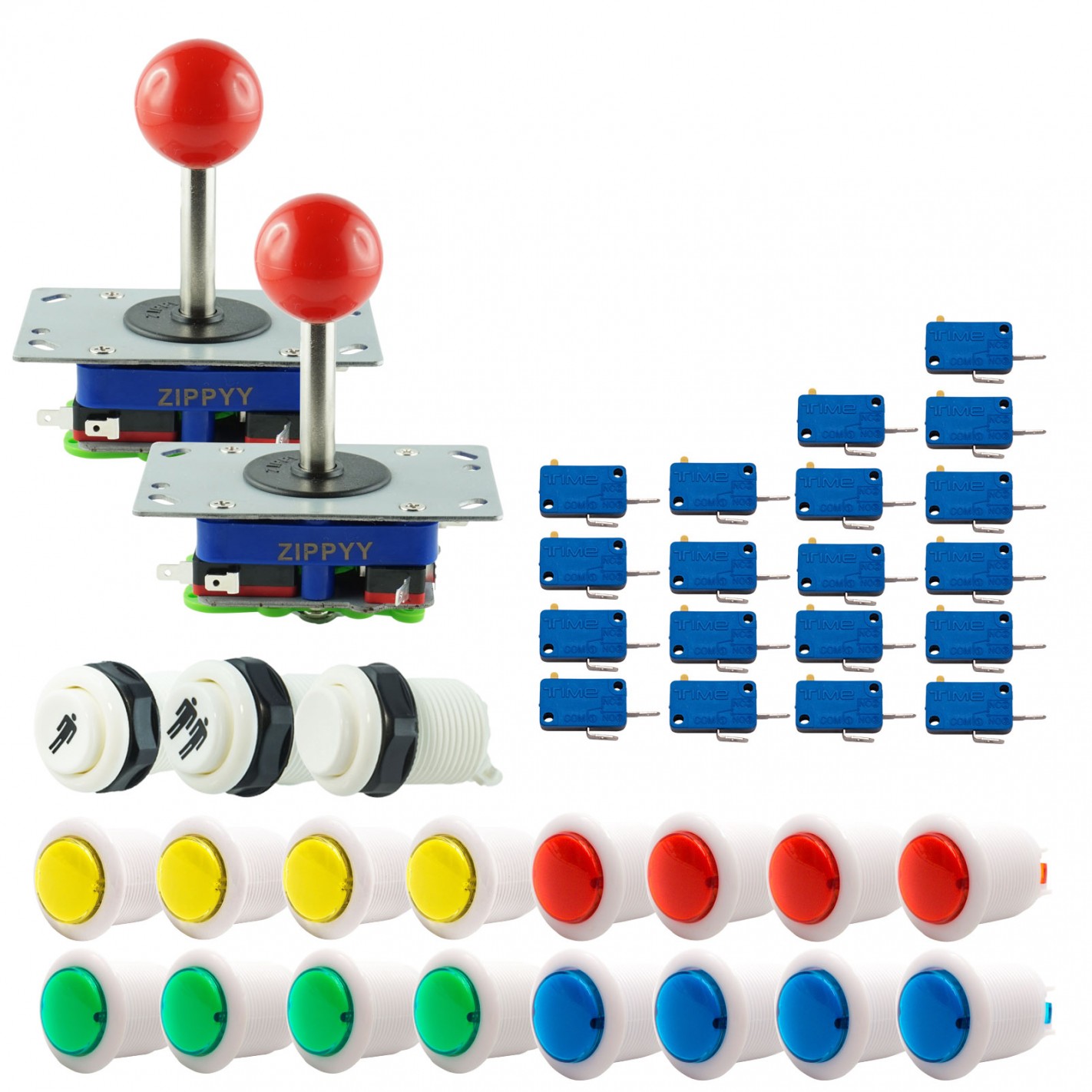 Kit Joysticks et boutons Arcade 2 Joueurs Boutons Bicolores Blancs Joysticks Zippyy Tige Courte Boule Nu Jeux Vidéo Retro Gaming