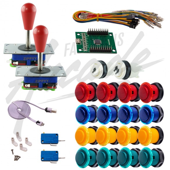 Kit Arcade 2 Joueurs Boutons Génériques Joysticks Zippyy Tiges Longues Poires Carte XinMoTek