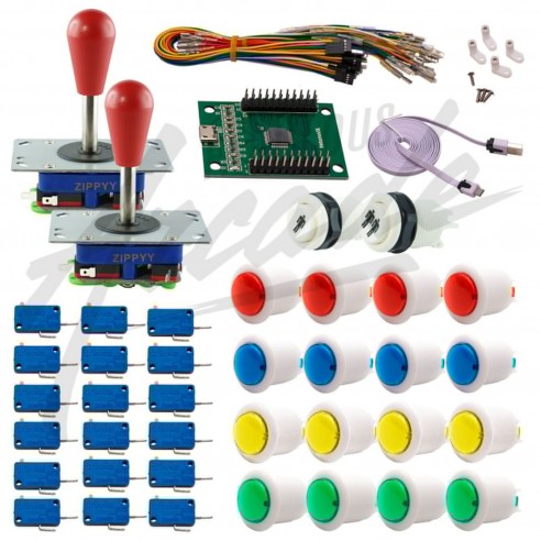 Kit Arcade 2 Joueurs Boutons Bicolores Blancs Joysticks Zippyy Tiges Longues Poires Carte XinMoTek