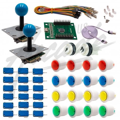 Kit Arcade 2 Joueurs Boutons Bicolores Blancs Joysticks PCB Tiges Noires Boule Carte XinMoTek