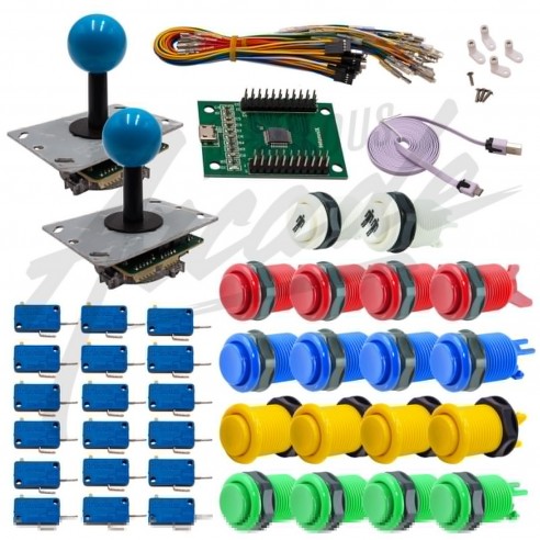 Kit Arcade 2 Joueurs Boutons Américains Joysticks PCB Tiges Noires Boule Carte XinMoTek