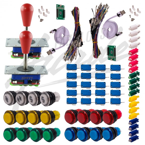 Kit Arcade 2 x 1 Joueur Lumineux Boutons Transparents Joysticks Zippyy Tiges Longues Poires Carte XinMoTek