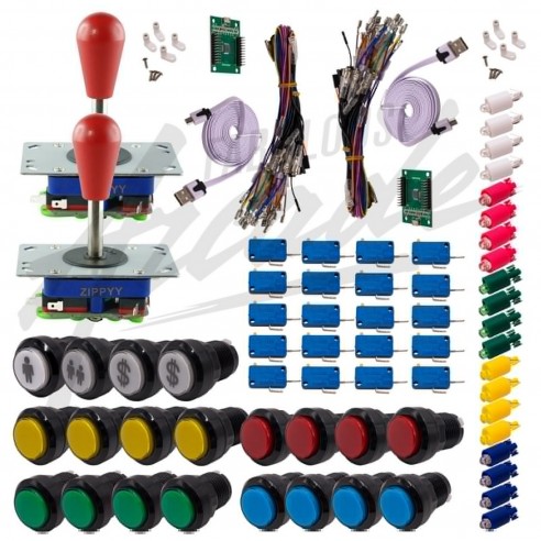 Kit Arcade 2 x 1 Joueur Lumineux Boutons Noirs 2 Joysticks Zippyy Tiges Longues Poires Carte XinMoTek