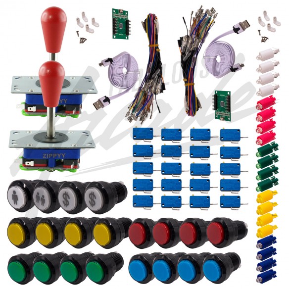 Kit Arcade 2 x 1 Joueur Lumineux Boutons Noirs 2 Joysticks Zippyy Tiges Longues Poires Carte XinMoTek