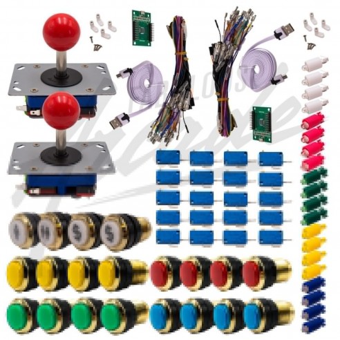 Kit Arcade 2 x 1 Joueur Lumineux Boutons Dorés Joysticks Zippyy Tiges Courtes Boules Carte XinMoTek