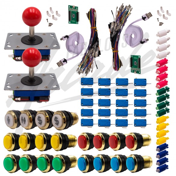 Kit Arcade 2 x 1 Joueur Lumineux Boutons Dorés Joysticks Zippyy Tiges Courtes Boules Carte XinMoTek
