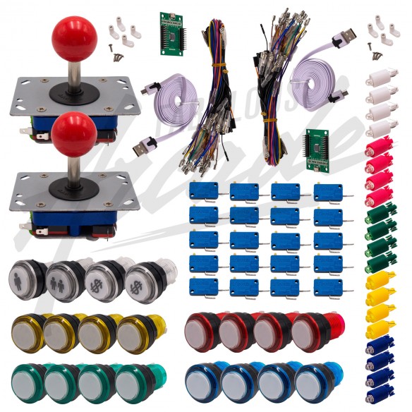 Kit Arcade 2 x 1 Joueur Lumineux Boutons Coeurs Blancs Joysticks Zippyy Tiges Courtes Boules Carte XinMoTek