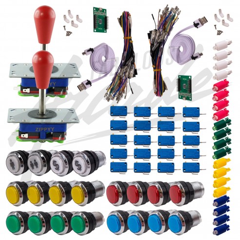 Kit Arcade 2 x 1 Joueur Lumineux Boutons Chromés Joysticks Zippyy Tiges Longues Poires Carte XinMoTek