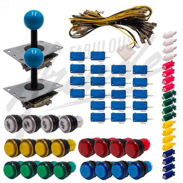 Kit Arcade 2 Joueurs Lumineux Boutons Tranparents Joysticks PCB Tiges Noires Boule Nu