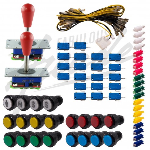 Kit Arcade 2 Joueurs Lumineux Boutons Noirs 2 Joysticks Zippyy Tiges Longues Poires Nu