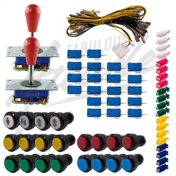 Kit Arcade 2 Joueurs Lumineux Boutons Noirs 2 Joysticks Zippyy Tiges Longues Poires Nu