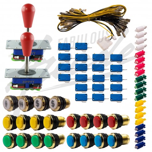 Kit Arcade 2 Joueurs Lumineux Boutons Dorés Joysticks Zippyy Tiges Longues Poires Nu