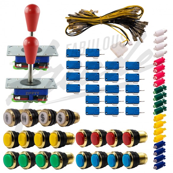 Kit Arcade 2 Joueurs Lumineux Boutons Dorés Joysticks Zippyy Tiges Longues Poires Nu