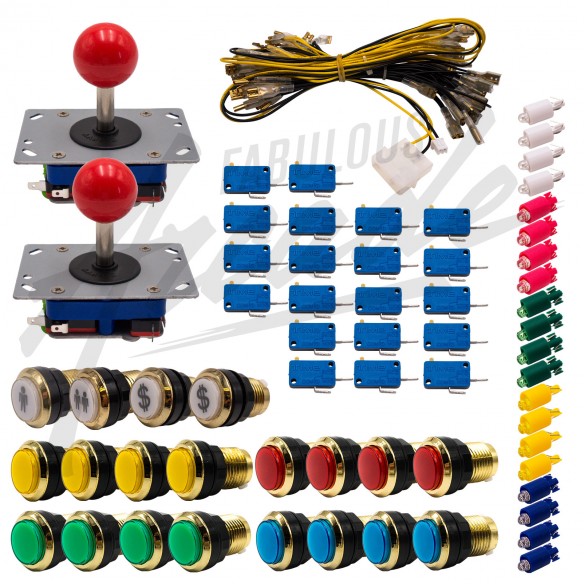 Kit Arcade 2 Joueurs Lumineux Boutons Dorés Joysticks Zippyy Tiges Courtes Boules Nu