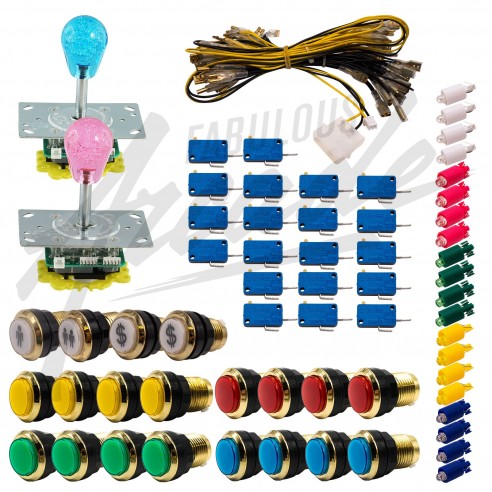 Kit Arcade 2 Joueurs Lumineux Boutons Dorés Joysticks Lumineux Poire Nu