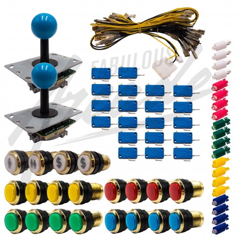 Kit Arcade 2 Joueurs Lumineux Boutons Dorés Joysticks PCB Tiges Noires Boule Nu