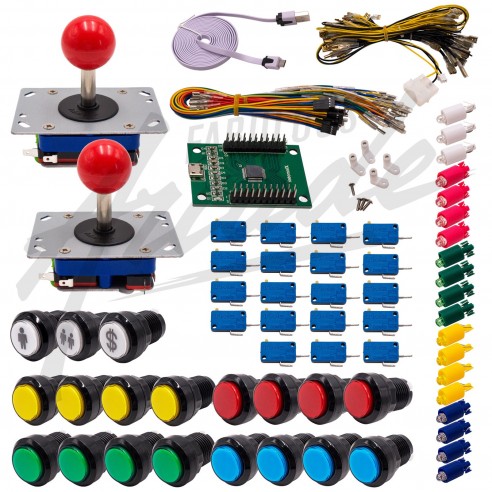 Kit Arcade 2 Joueurs Lumineux Boutons Noirs 2 Joysticks Zippyy Tiges Courtes Boules Carte XinMoTek