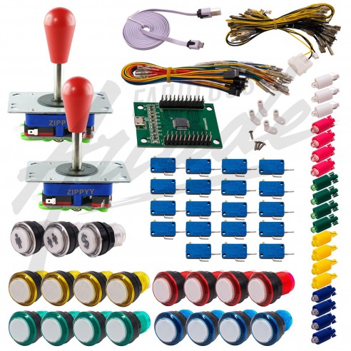 Kit Arcade 2 Joueurs Lumineux Boutons Coeurs Blancs Joysticks Zippyy Tiges Longues Poires Carte XinMoTek