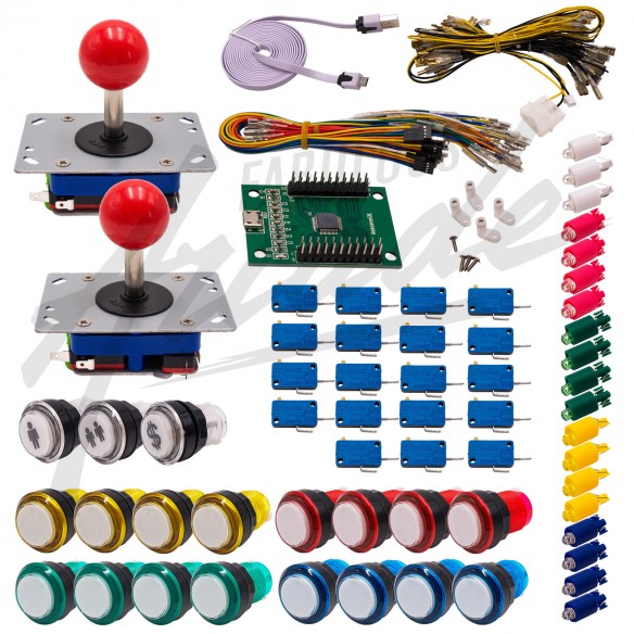 Kit Arcade 2 Joueurs Lumineux Boutons Coeurs Blancs Joysticks Zippyy Tiges Courtes Boules Carte XinMoTek