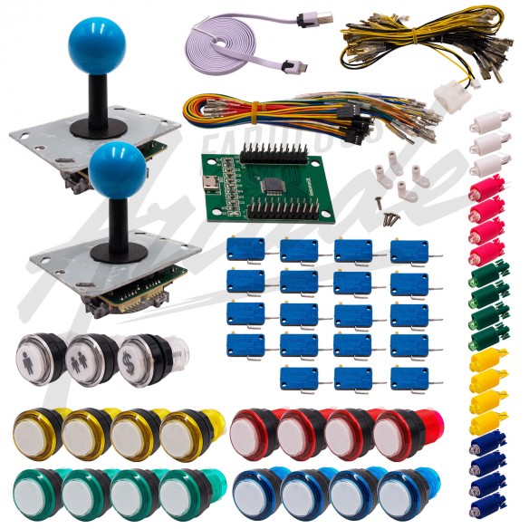 Kit Arcade 2 Joueurs Lumineux Boutons Coeurs Blancs Joysticks PCB Tiges Noires Boules Carte XinMoTek