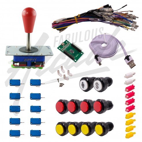 Kit Arcade 1 Joueur Lumineux Boutons Noirs 2 Joystick Zippyy Tige Longue Poire Carte XinMoTek