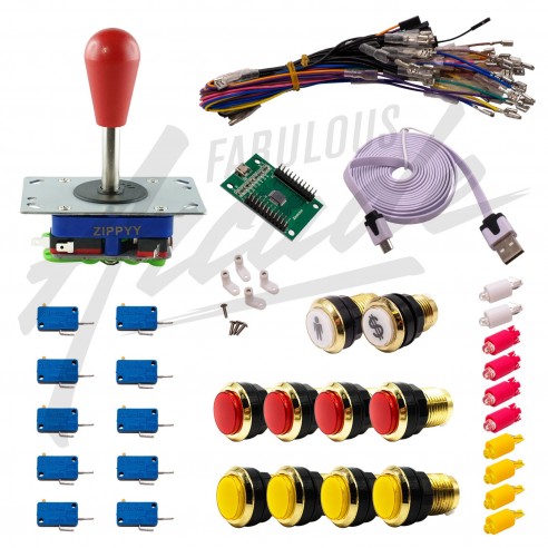 Kit Arcade 1 Joueur Lumineux Boutons Dorés Joystick Zippyy Tige Longue Poire Carte XinMoTek