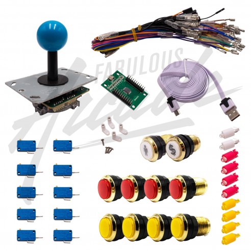 Kit Arcade 1 Joueur Lumineux Boutons Dorés Joystick PCB Tige Noire Boule Carte XinMoTek