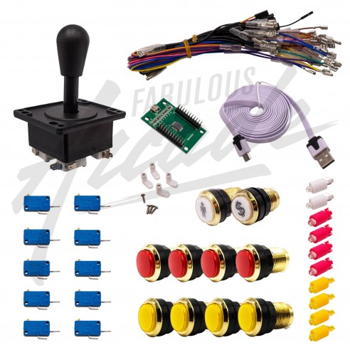 Kit Arcade 1 Joueur Lumineux Boutons Dorés Joystick Américain Carte XinMoTek