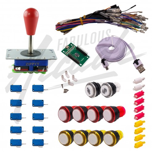 Kit Arcade 1 Joueur Lumineux Boutons Coeurs Blancs Joystick Zippyy Tige Longue Poire Carte XinMoTek