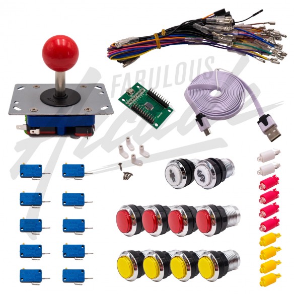 Kit Arcade 1 Joueur Lumineux Boutons Chromés Joystick Zippyy Tige Courte Boule Carte XinMoTek