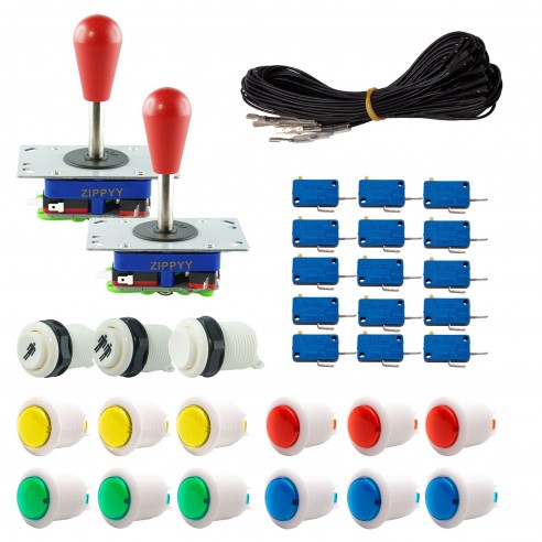 Kit Arcade 2 Joueurs Lumineux Boutons Bicolores Blancs Joysticks Zippyy Tiges Longues Poires Câble Gpio