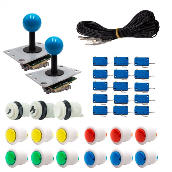 Kit Arcade 2 Joueurs Lumineux Boutons Bicolores Blancs Joysticks PCB Tiges Noires Boules Câble Gpio