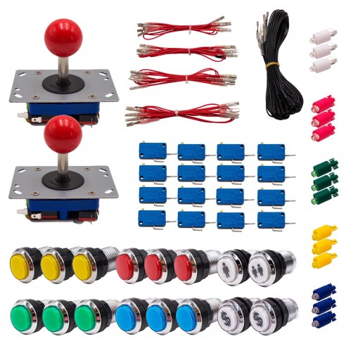 Kit Arcade 2 Joueurs Lumineux Boutons Chromés Joysticks Zippyy Tiges Courtes Boules Câble Gpio
