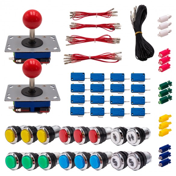 Kit Arcade 2 Joueurs Lumineux Boutons Chromés Joysticks Zippyy Tiges Courtes Boules Câble Gpio