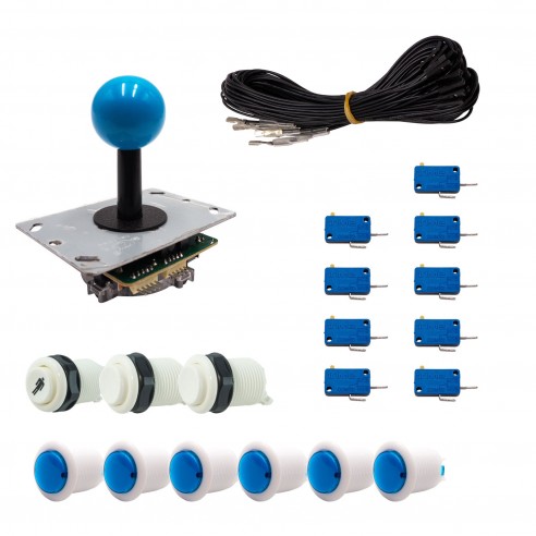 Kit Arcade 1 Joueur Boutons Bicolores Blancs Joystick PCB Tige Noire Boule Câble Gpio