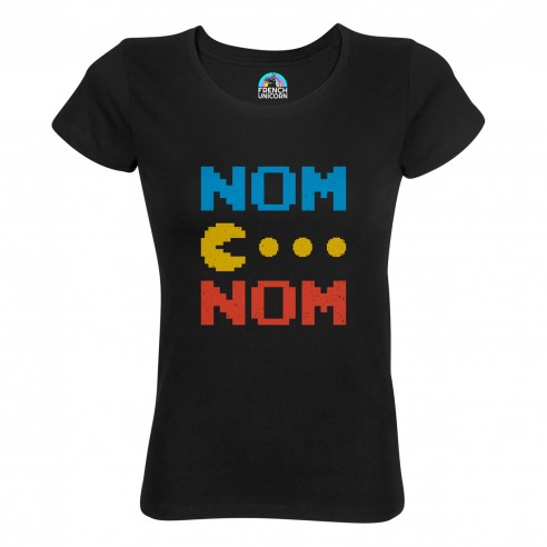 T-shirt Femme Col Echancré Pac-Man Nom Nom Jeux Vidéo Retro Gaming 8 Bit