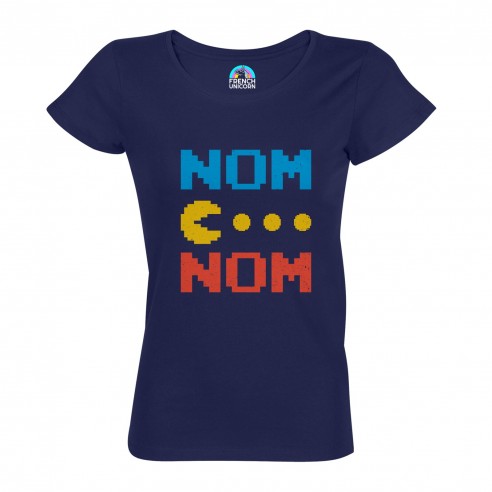 T-shirt Femme Col Echancré Pac-Man Nom Nom Jeux Vidéo Retro Gaming 8 Bit