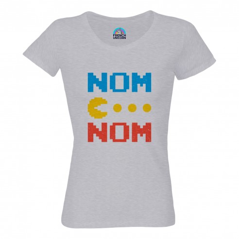 T-shirt Femme Col Echancré Pac-Man Nom Nom Jeux Vidéo Retro Gaming 8 Bit
