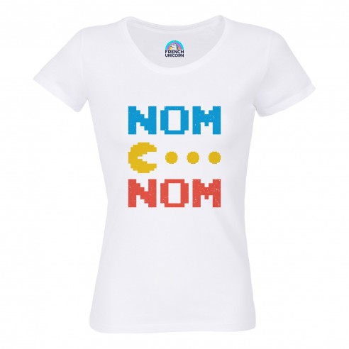T-shirt Femme Col Echancré Pac-Man Nom Nom Jeux Vidéo Retro Gaming 8 Bit