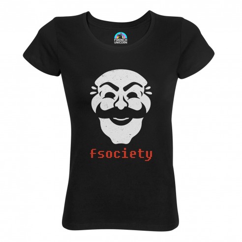 T-shirt Femme Col Echancré Fsociety Geek Jeux Video Serie Film Hacker